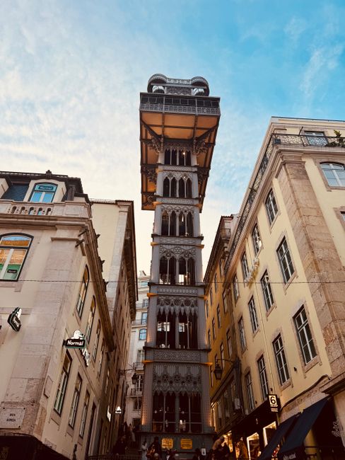 View of Elevador de Santa Justa in Lisbon capturing its iconic architecture and surrounding buildings..