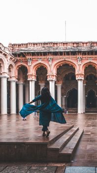 A woman in traditional Indian attire explores an ornate palace courtyard, highlighting cultural heritage.