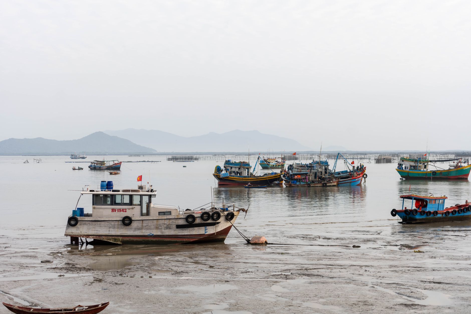 Colorful fishing boats docked at low tide in Vũng Tàu, Vietnam with a mountainous backdrop.