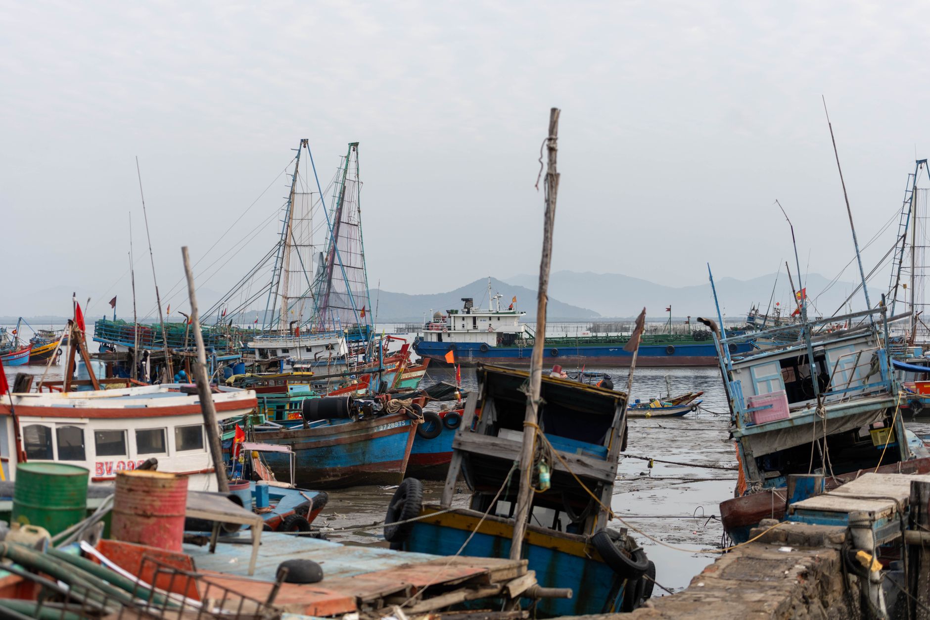 A vibrant scene of colorful fishing boats docked at Vũng Tàu harbor, capturing the essence of Vietnamese coastal life.