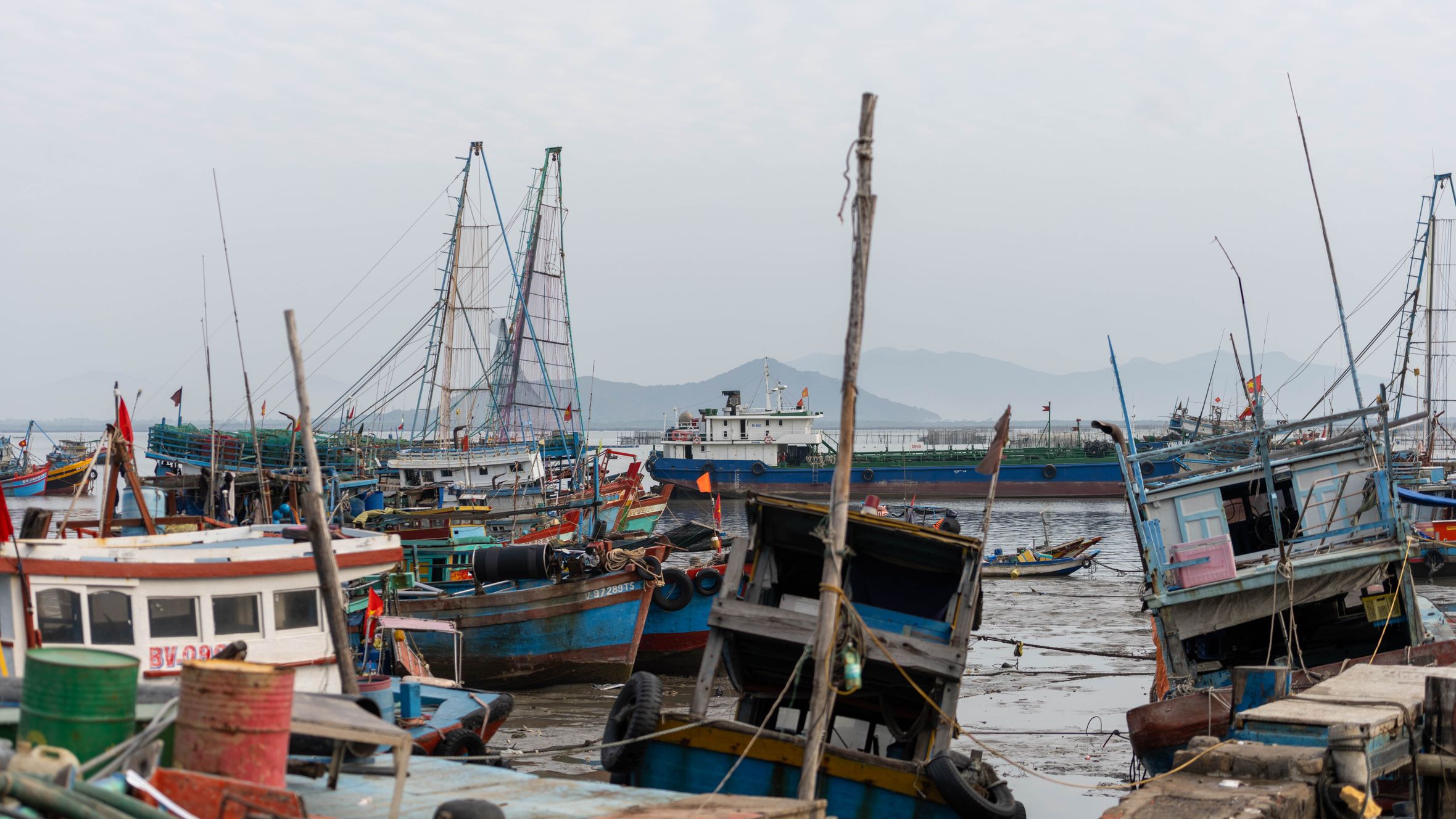 A vibrant scene of colorful fishing boats docked at Vũng Tàu harbor, capturing the essence of Vietnamese coastal life.