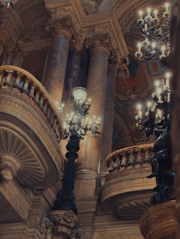 Intricate interior design of the Paris Opera House showcasing grand architecture and ornate chandeliers.