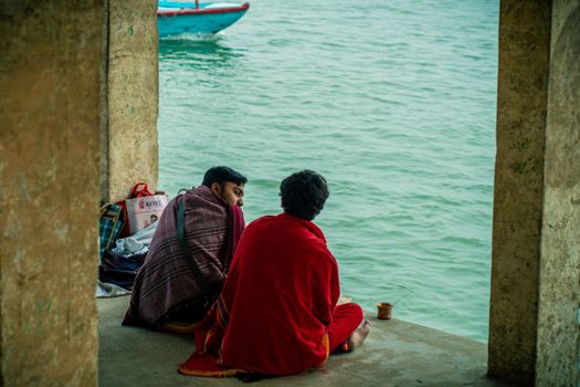 Dawn Ganges boat with a priest — Varanasi