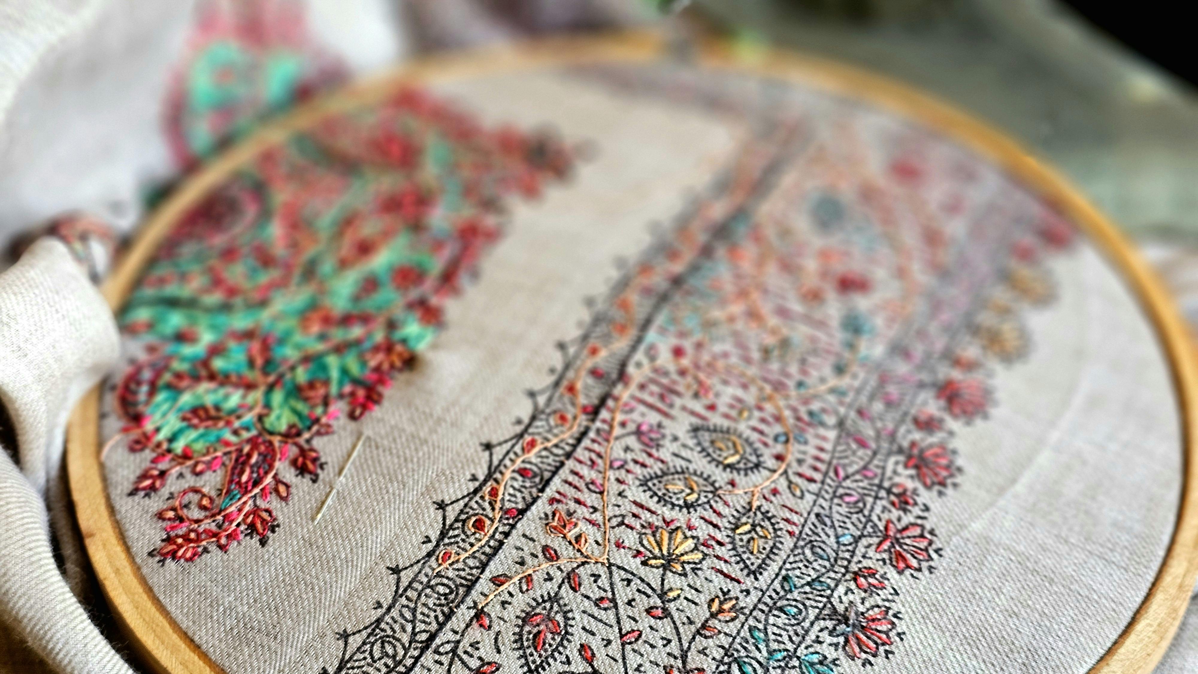 Intricate gota patti hand embroidery on fabric hoop
