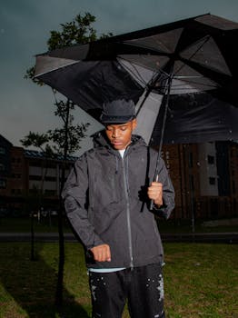 A man stands under an umbrella in a rainy outdoor setting, dressed in a waterproof jacket.