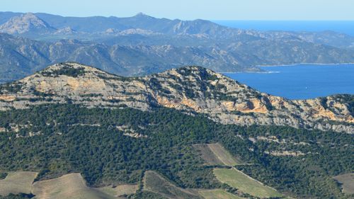 Free Panoramic view of mountains and coastline in Saint-Florent, Corse, France. Stock Photo