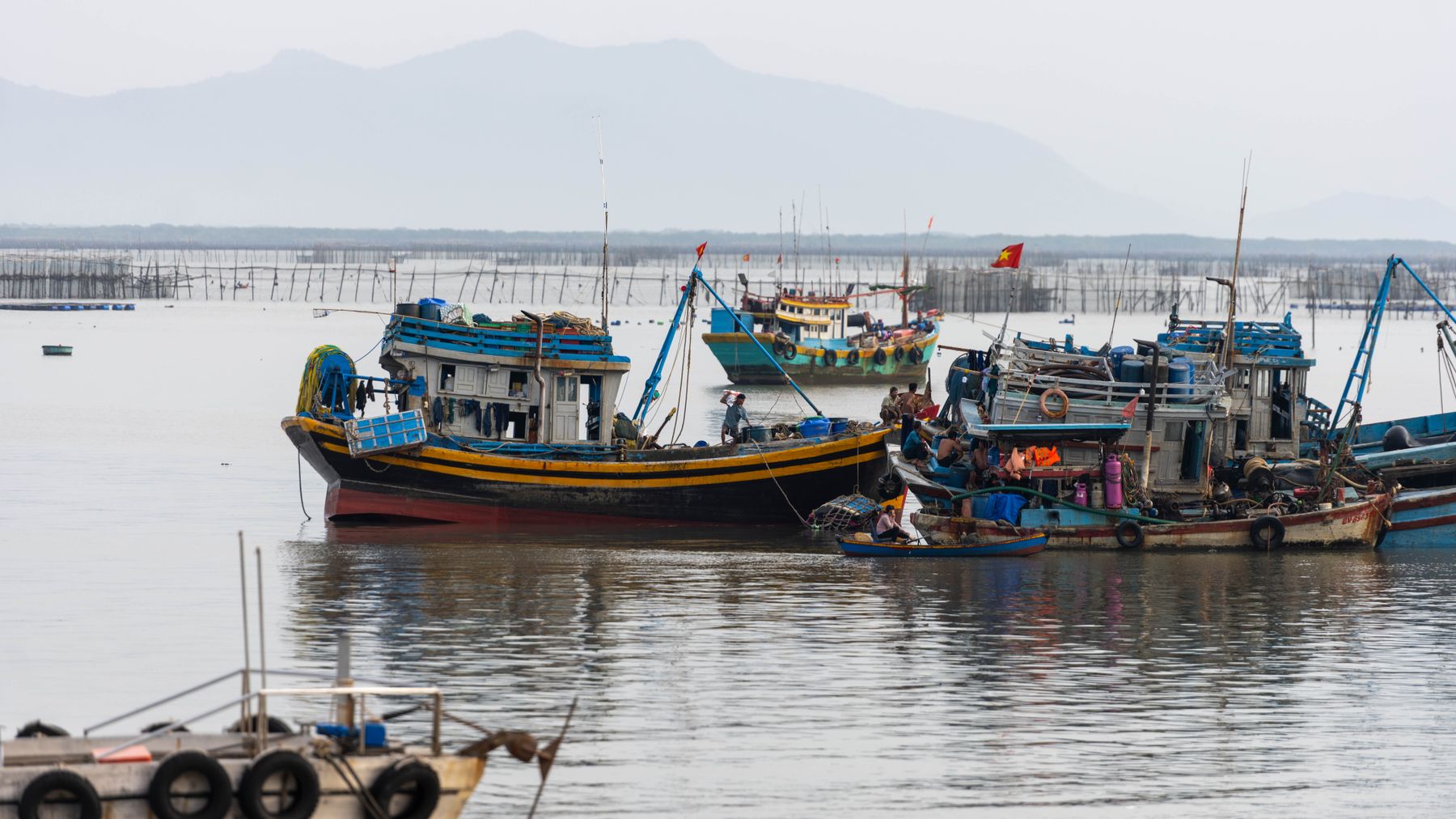 Colorful fishing boats anchored in Vũng Tàu, Vietnam's coastal waters, capturing daily life.