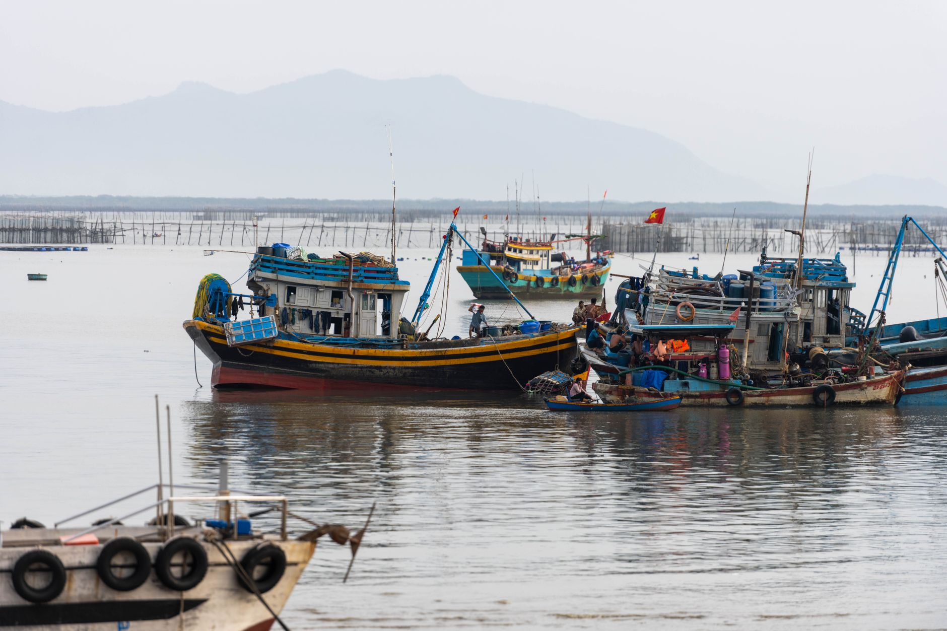 Colorful fishing boats anchored in Vũng Tàu, Vietnam's coastal waters, capturing daily life.