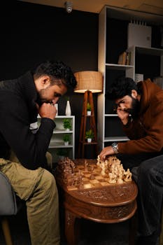 Two men engaged in a serious chess game indoors, showcasing strategic thinking and concentration.