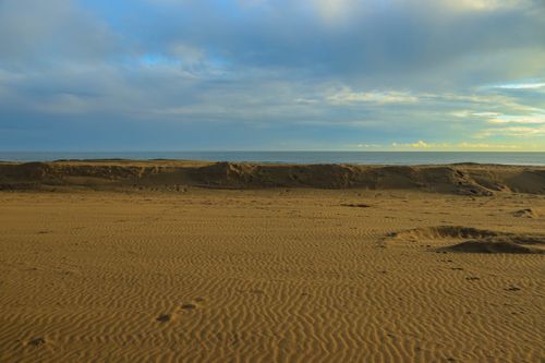 Free Peaceful sandy beach with ripples and distant ocean horizon at sunset. Stock Photo