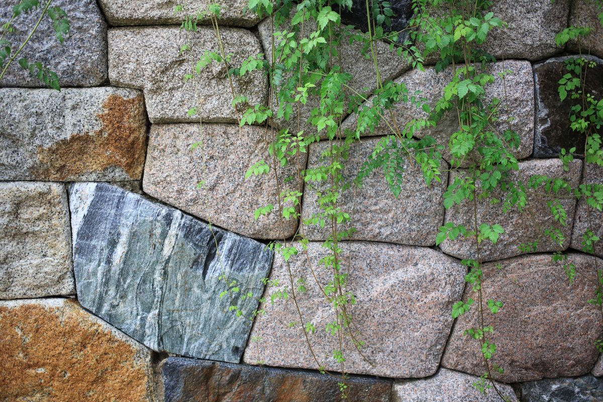 Dry-stacked stone retaining walls on terraced hillside