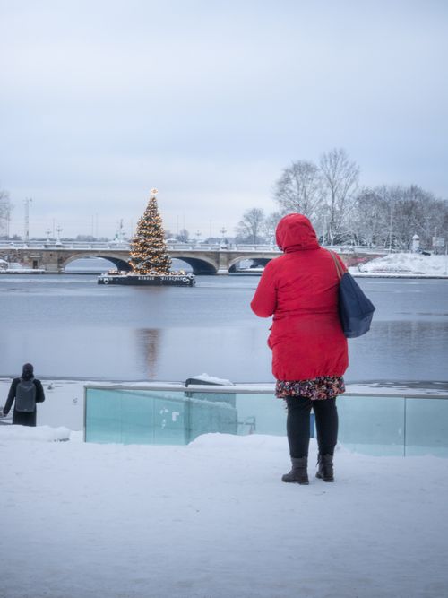Free A person in a red coat stands by a snowy riverbank in Hamburg, Germany, with a Christmas tree in the background. Stock Photo