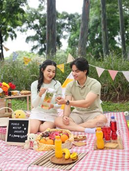A couple enjoys a vibrant picnic in a lush Jakarta park.