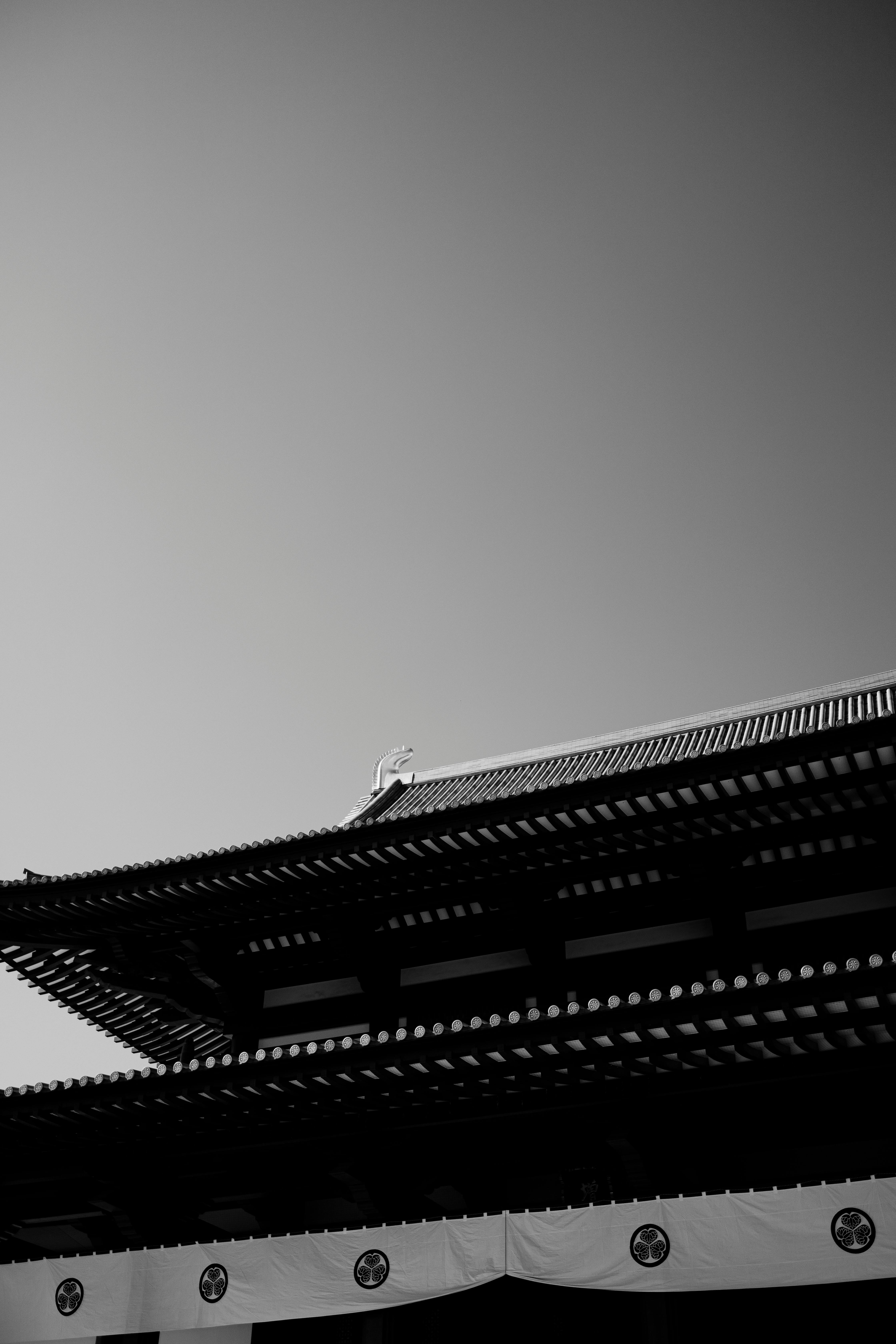 grátis Uma impressionante fotografia em preto e branco do telhado de um templo tradicional japonês em Tóquio. Foto profissional