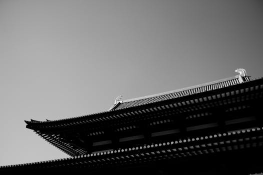 A captivating black and white image of a traditional temple roof silhouette in Tokyo, Japan.