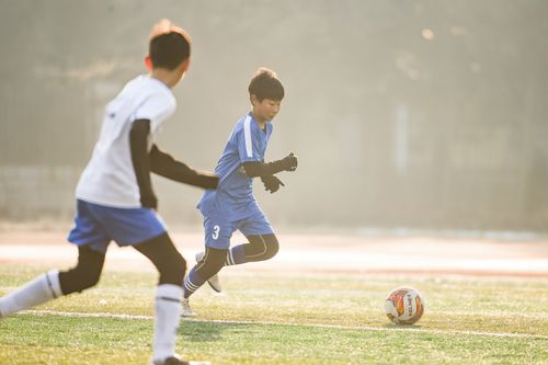 Free Boys playing soccer on a sunny day, capturing focus and movement on sports field. Stock Photo