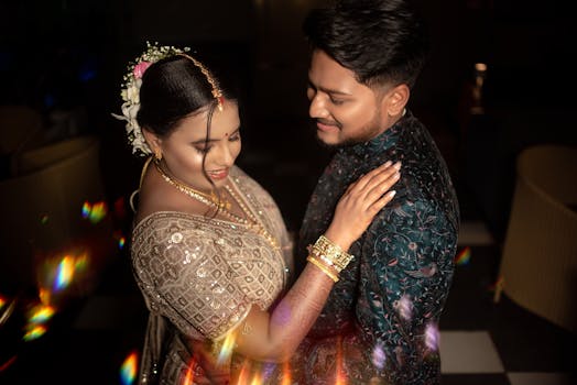 Stunning portrait of an Indian couple celebrating their traditional wedding indoors.