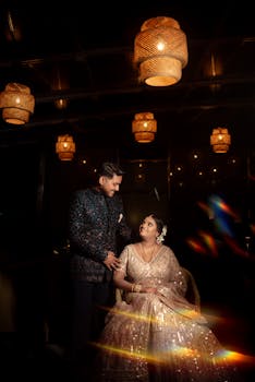 A beautifully captured Indian wedding couple posing with warm lighting indoors.