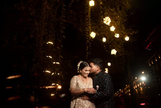 Beautifully captured Indian wedding couple sharing an intimate moment under glowing lights at night.