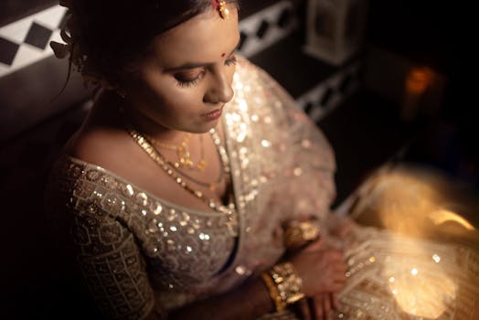A South Asian bride in an exquisite bridal outfit with intricate embroidery and jewelry, captured in a romantic setting.