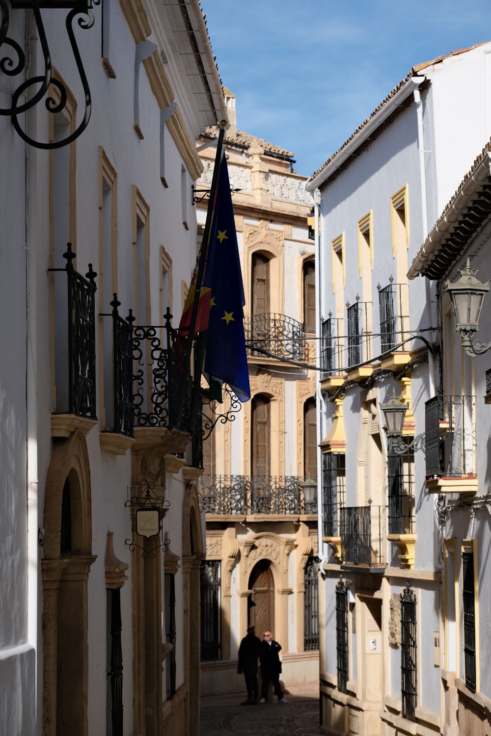 Charming European Alleyway with Flags and Shadowed Figures · Free Stock ...