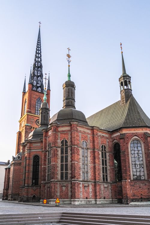 Free Neo-Gothic Riddarholmen Church in Stockholm, Sweden, a historic landmark with towering spire. Stock Photo