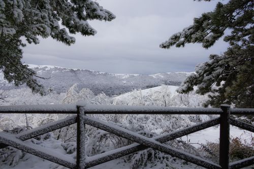 Free Beautiful snowy mountain view framed by trees and a wooden fence. Stock Photo