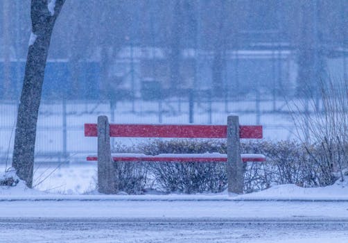 A vivid red bench covered in snow sits silently in a serene winter park scene.