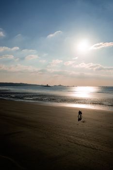 A peaceful scene of a couple walking on a beach with the sun setting over the ocean.