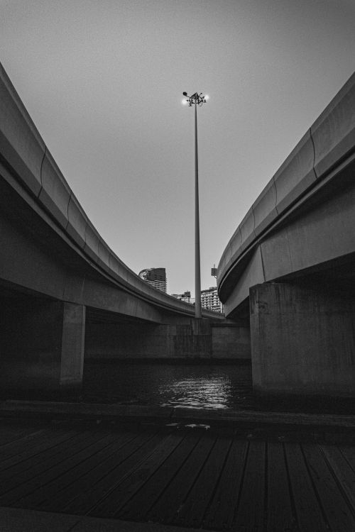 Free Dramatic black and white urban bridge scene with streetlight at twilight. Stock Photo