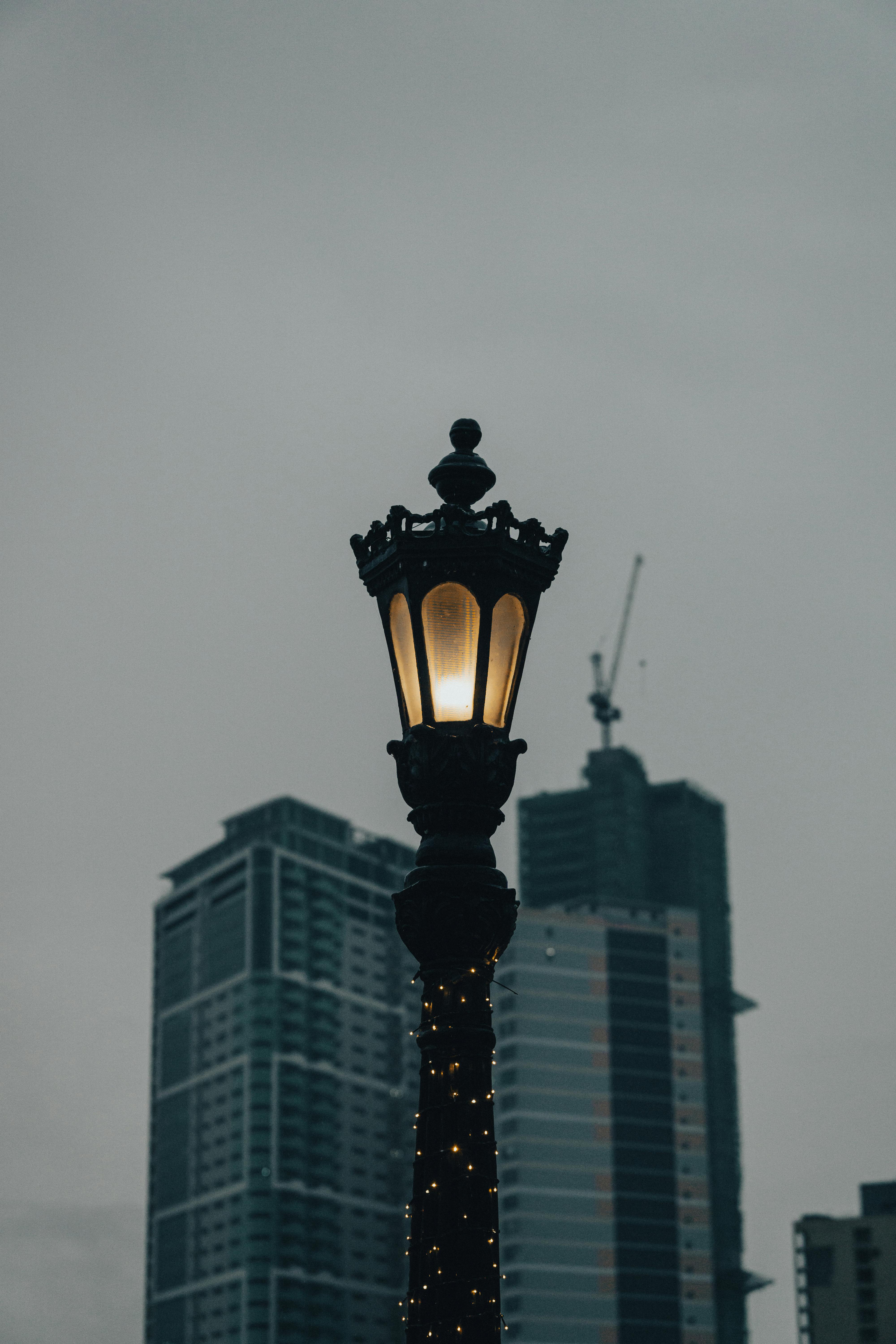 grátis Paisagem urbana dramática com um poste de luz iluminado e arranha-céus em um dia nublado. Foto profissional