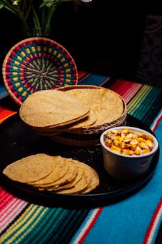 A vibrant display of Mexican tortillas on a colorful striped tablecloth accompanied by a bowl of corn salsa.