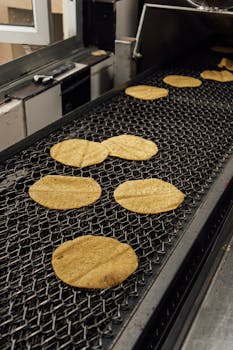 Industrial production of tortillas on a conveyor belt in a food processing facility.