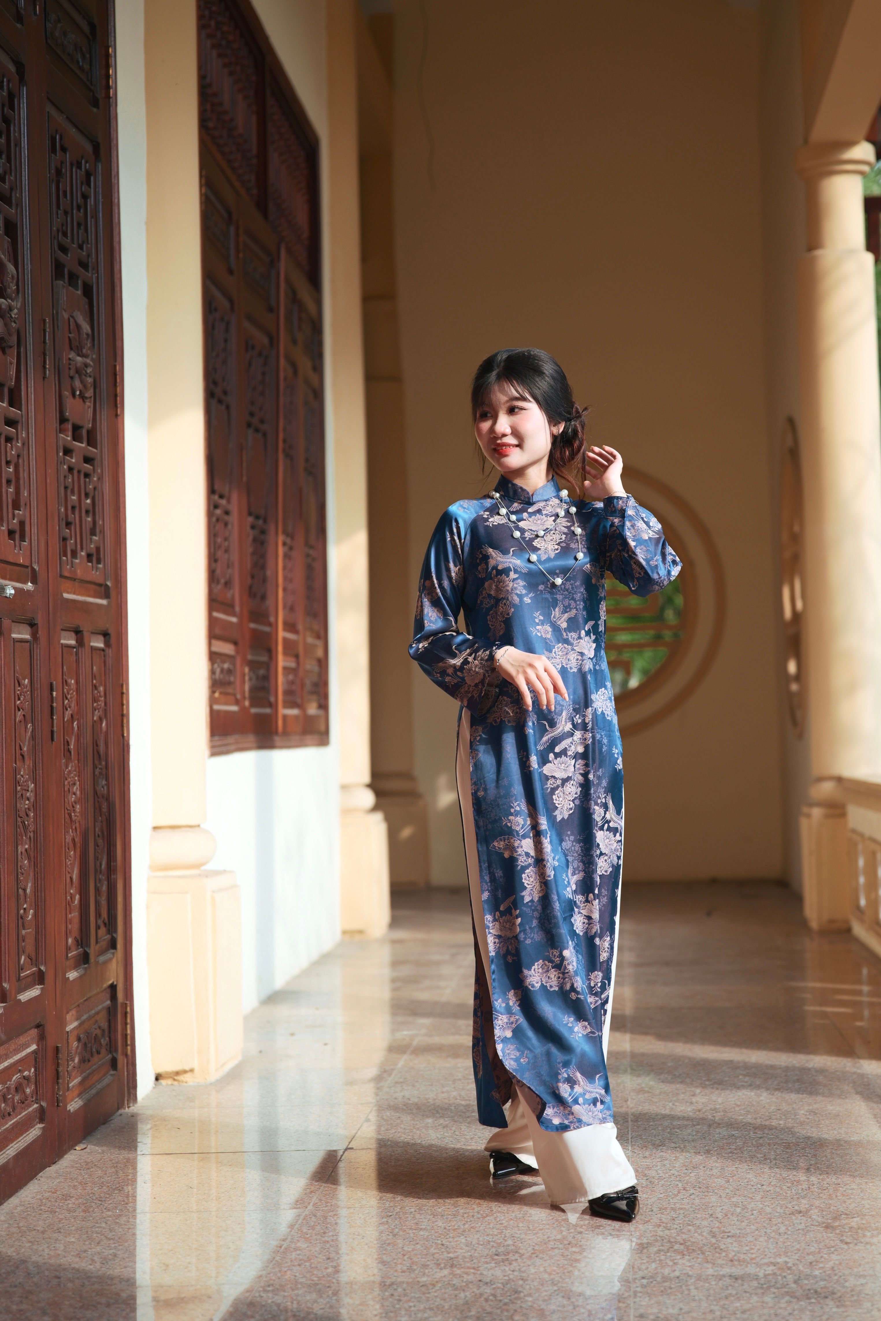 blue vietnamese dress Asteria Maxi Shirt Dress in Brown with Blue Polka Dot