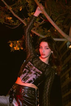 Dynamic portrait of a fashion model posing under a tree in Lima, Peru's vibrant night scene.