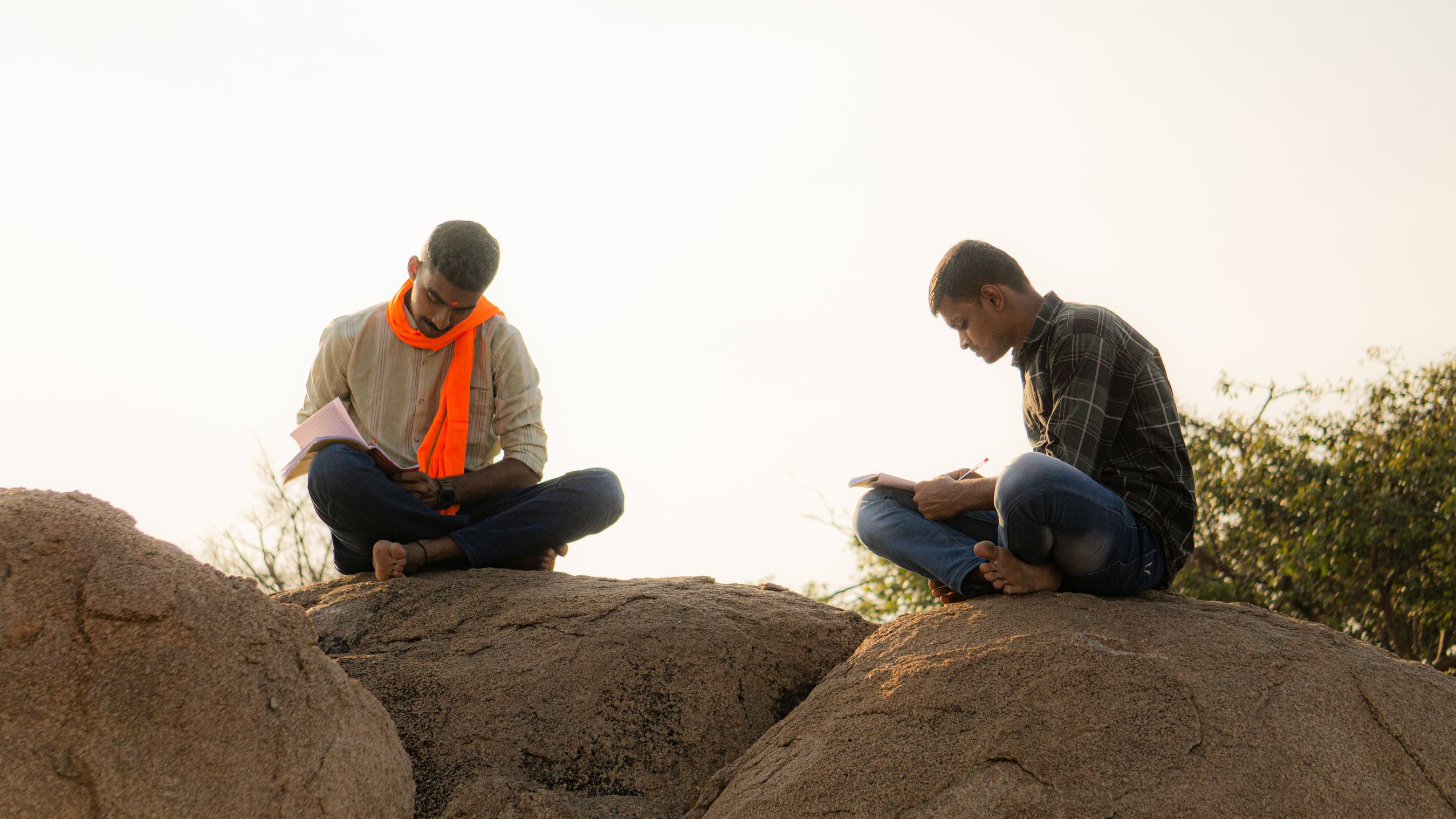 Two young men sitting on rocks studying in a natural setting, focused on their books.
