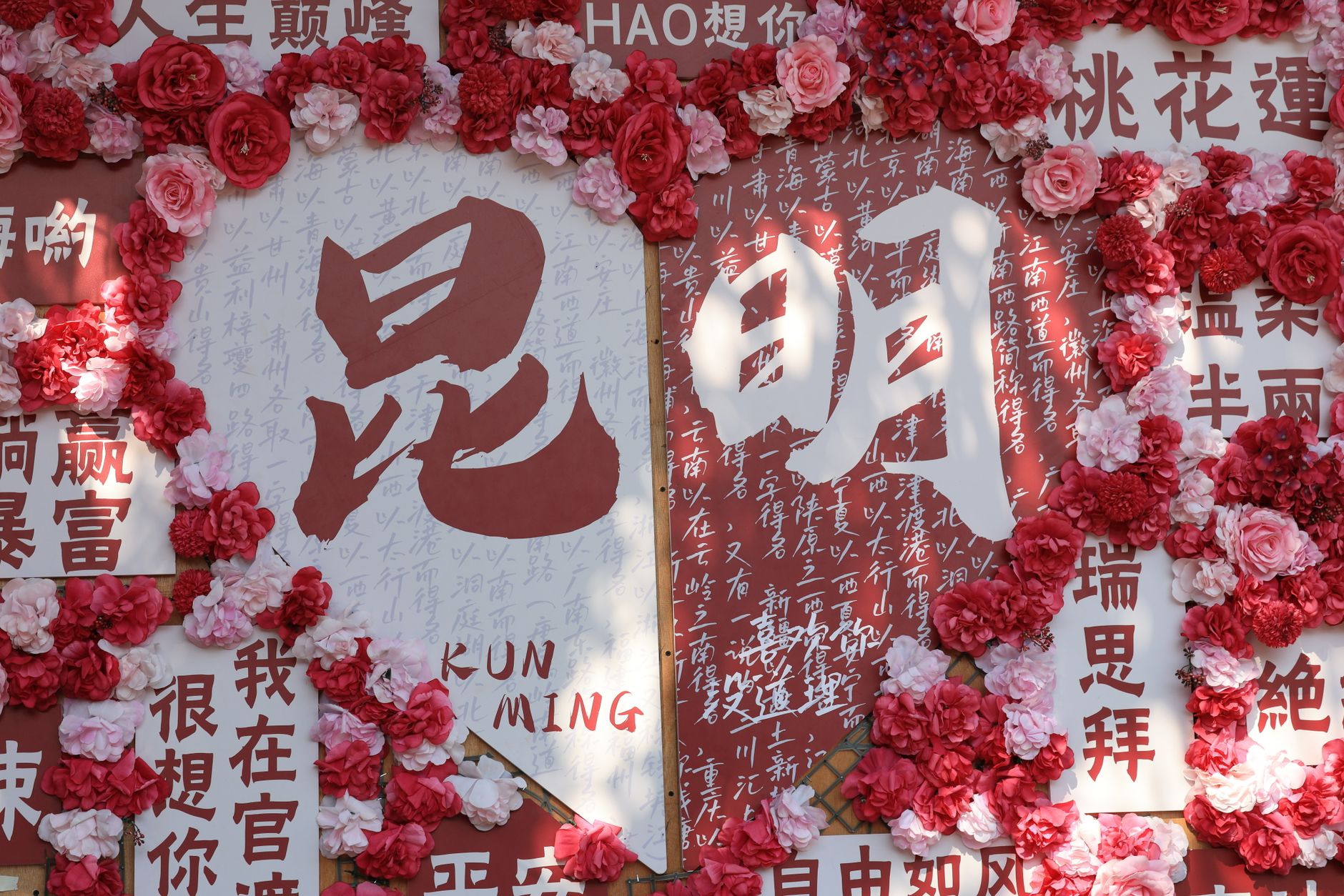 Red and pink floral arrangement on a wall with Chinese calligraphy, highlighting 'Kunming'. Perfect for art and culture themes.