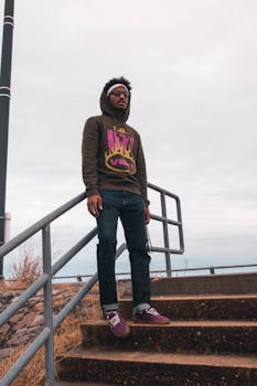 一个戴着墨镜和连帽衫的时尚男人，站在户外楼梯上，背景是多云的天空