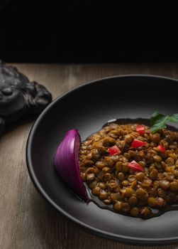 A bowl of flavorful lentil stew with red bell peppers and red onion garnish in a dark setting.