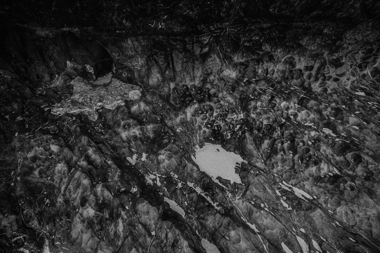 black and white abstract view of a textured rock surface with intricat