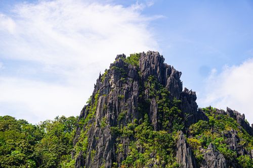 Free A towering limestone cliff covered with lush greenery set against a clear blue sky. Stock Photo