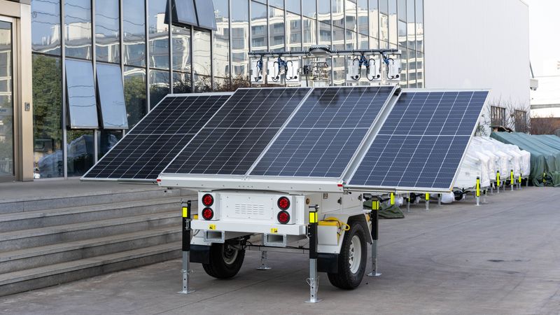 portable solar panel on a backyard patio charging a power station during a sunny afternoon
