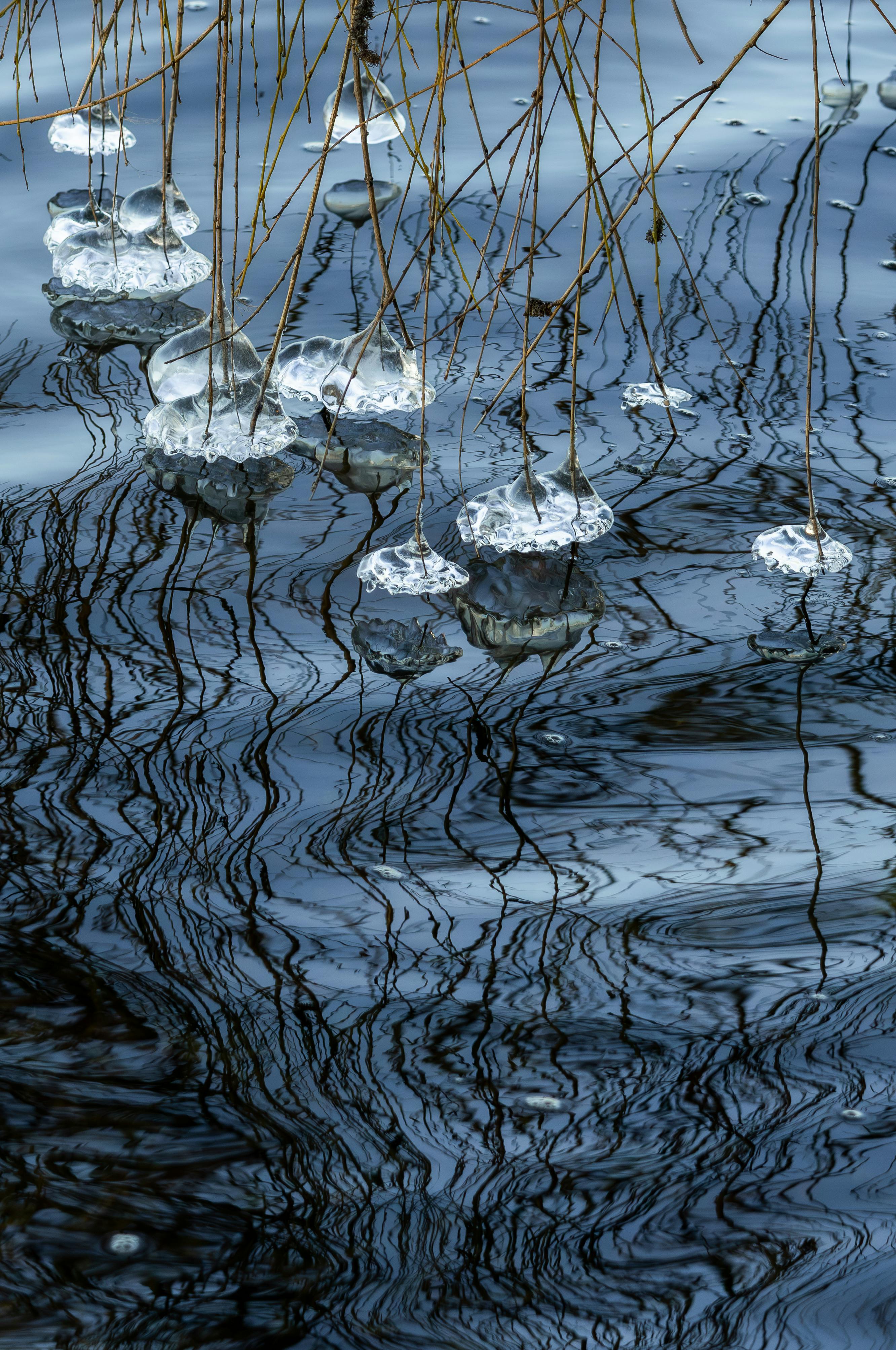 Kostenlos Faszinierendes abstraktes Bild von Eisformationen, die über einer spiegelnden Wasseroberfläche hängen und bezaubernde Muster bilden. Stock-Foto