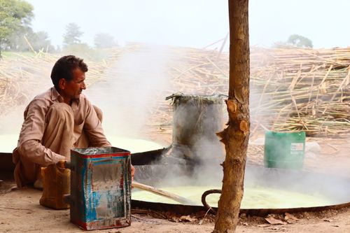 Free A man boiling sugarcane juice outdoors with steam rising in a rural setting. Stock Photo