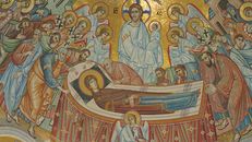Stunning Byzantine-style religious fresco depicting a sacred Christian scene. Rich historical and cultural imagery.