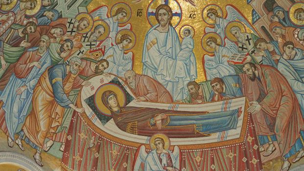 Stunning Byzantine-style religious fresco depicting a sacred Christian scene. Rich historical and cultural imagery.
