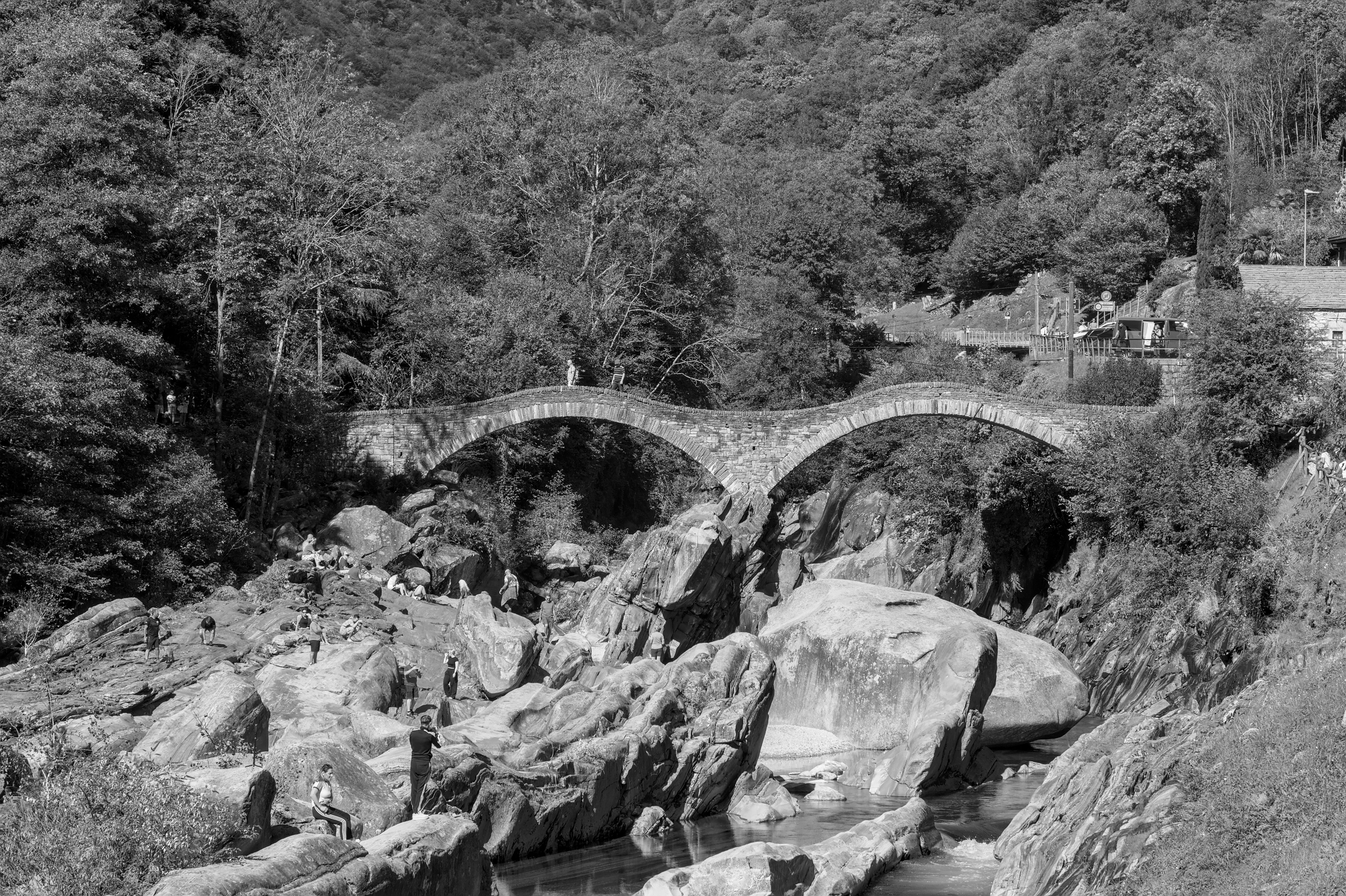 Scenic view of the Ponte dei Salti bridge in Verzasca Valley, Switzerland.