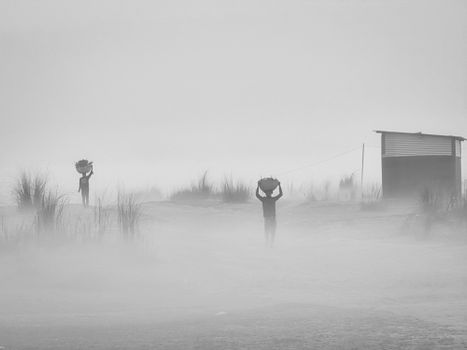 Black and white photo of workers carrying baskets in a foggy rural landscape, creating a mysterious and serene atmosphere.