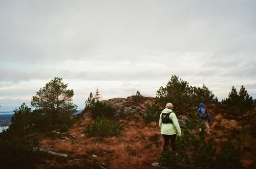 Free Two hikers explore the scenic landscapes of Norway's wilderness under a cloudy sky. Stock Photo