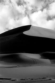 Dramatic black and white photograph of Merzouga sand dunes under a cloudy sky.